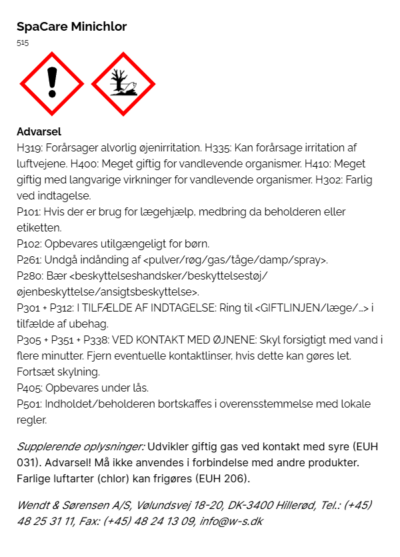 SpaCare Minichlor faremaerkning