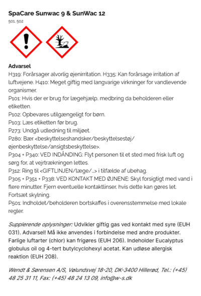 SpaCare Sunwac 9 & SunWac 12 faremaerkning