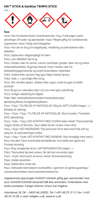 hth™ STICK & Saniklar TEMPO STICK faremaerkning