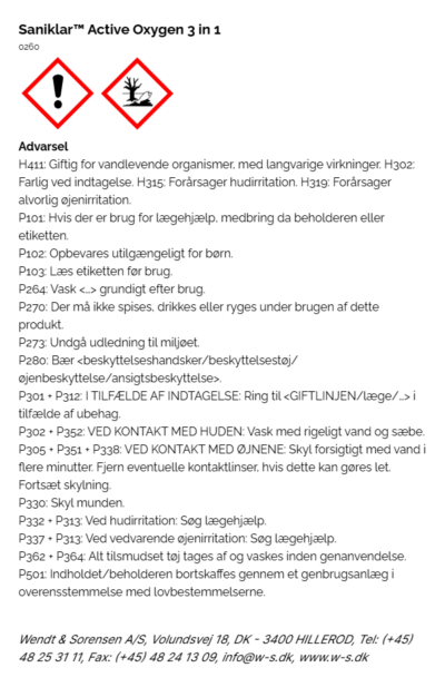 Saniklar™ Active Oxygen 3 in 1 faremaerkning