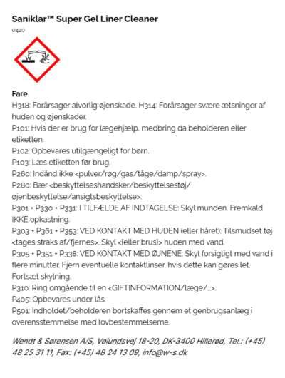 Saniklar™ Super Gel Liner Cleaner faremaerkning
