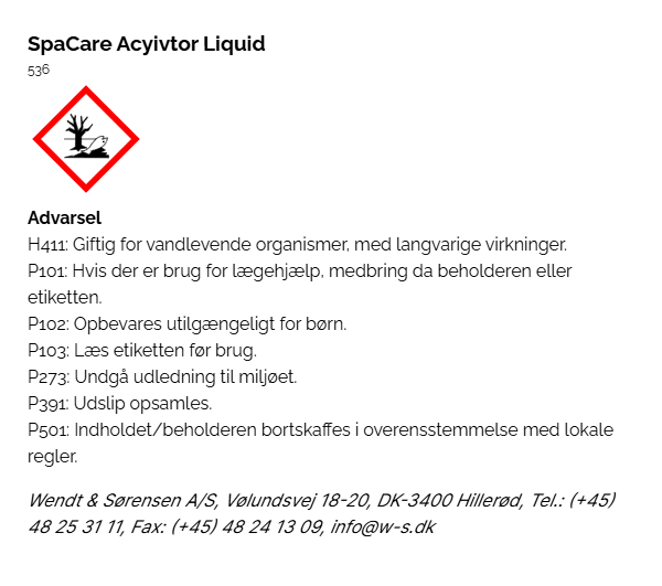 SpaCare Acyivtor Liquid faremaerkning