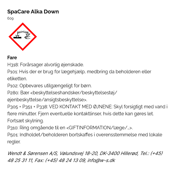 SpaCare Alka Down faremaerkning