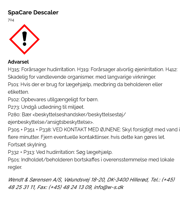 SpaCare Descaler faremaerkning