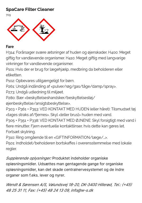 SpaCare Filter Cleaner faremaerkning