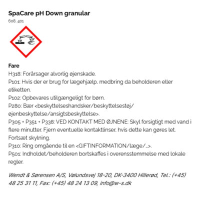 SpaCare pH Down granular faremaerkning
