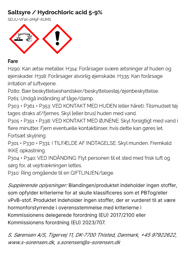 Saltsyre Hydrochloric acid 5 9% faremaerkning