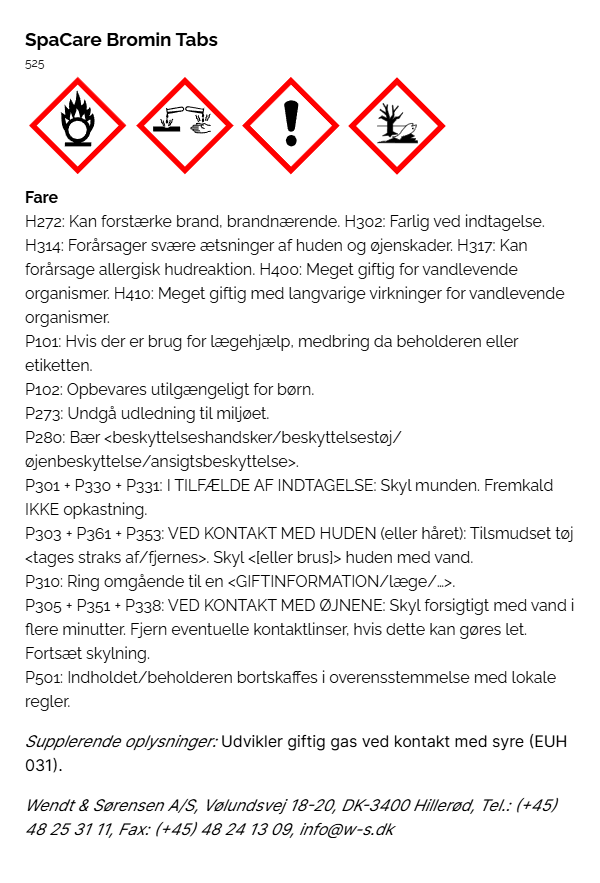 SpaCare Bromin Tabs faremaerkning
