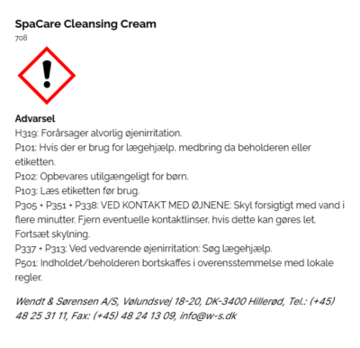 SpaCare Cleansing Cream faremaerkning