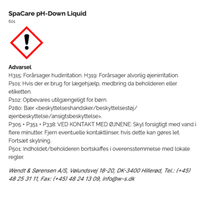 SpaCare pH Down Liquid faremaerkning