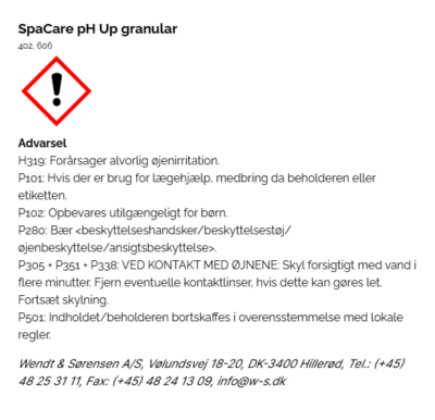 SpaCare pH Up granular faremaerkning
