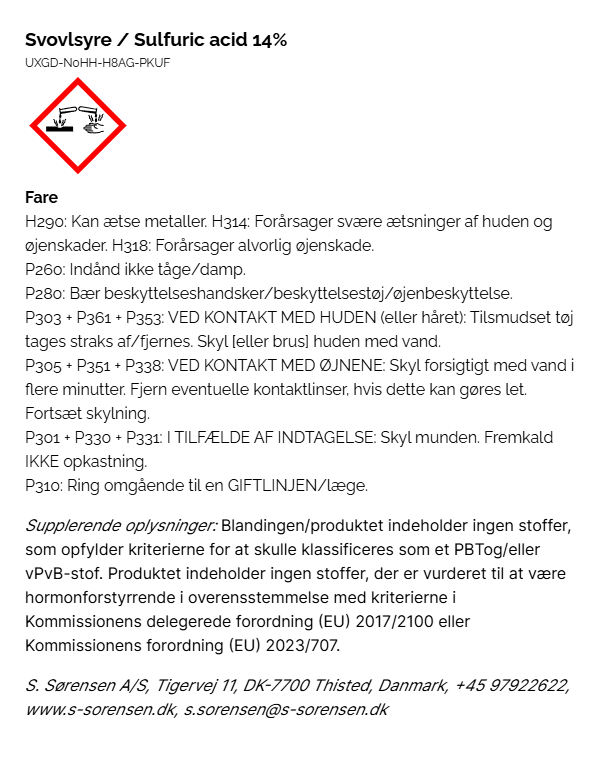Svovlsyre Sulfuric acid 14% faremaerkning