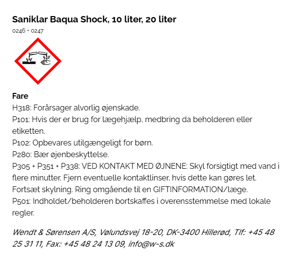 Saniklar Baqua Shock, 10 liter, 20 liter faremaerkning